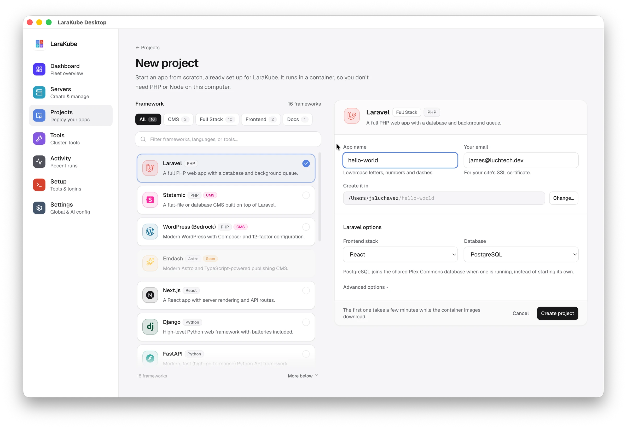The New project page