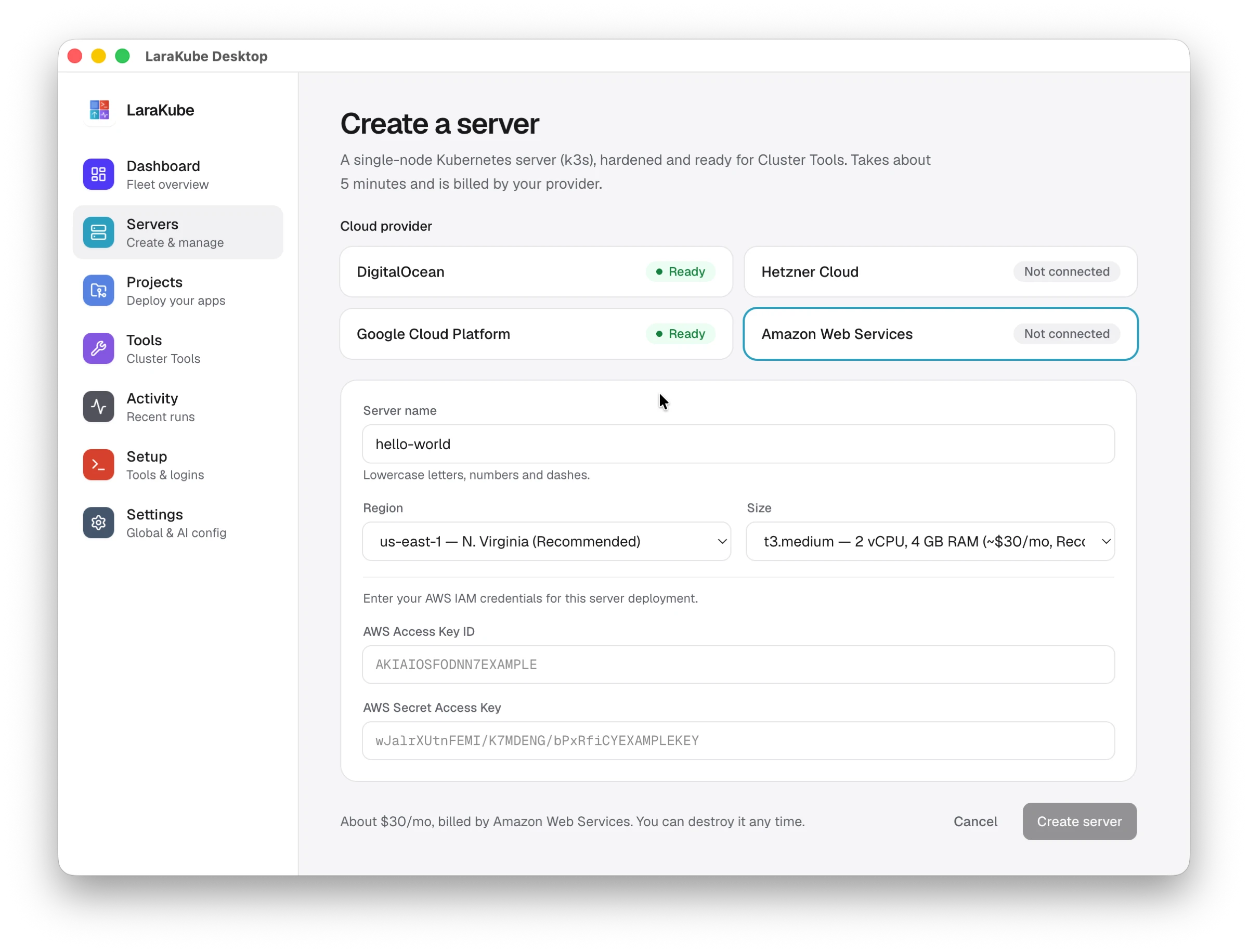 The Create a server page